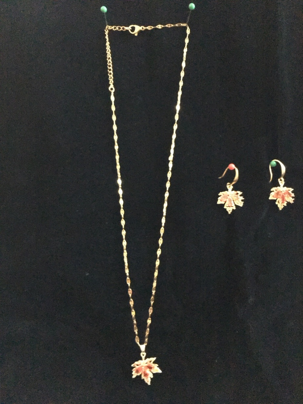 24 Karat Gold Red Maple Leaf Necklace And Earrings